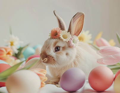 Easter bunny among painted eggs and fresh flowers