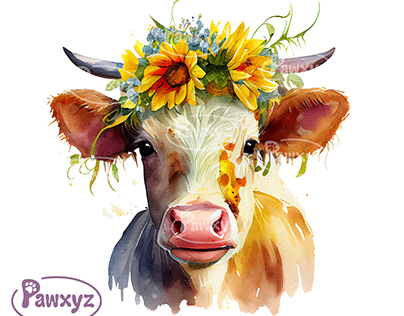 Cute Cow With Sunflower PNG file