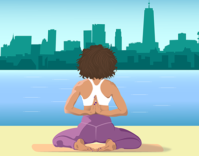 A girl does yoga against the background of the city.