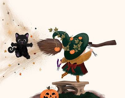 A witch fixing her broom