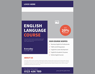 English language course flyer design template.