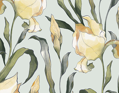 Botanical seamless pattern of yellow irises