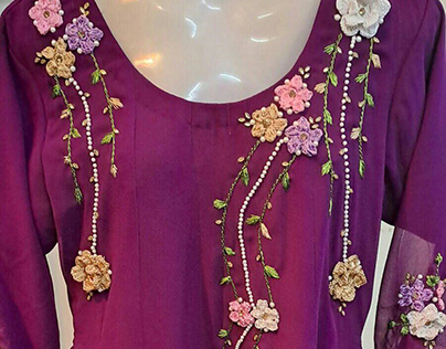 Georgette handmade embroidered partywear dress.