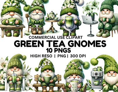 Watercolor Green Tea Gnomes Clipart