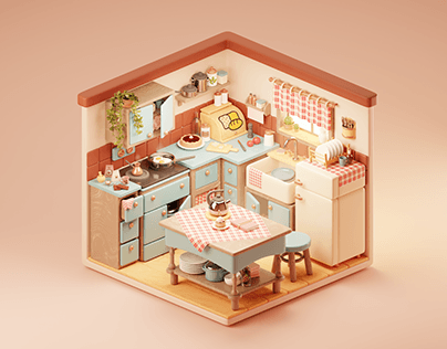 Cute isometric 3d kitchen made in Blender