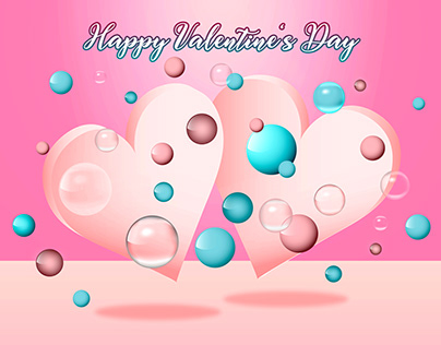 Happy Valentine's Day pink floating hearts and bubbles