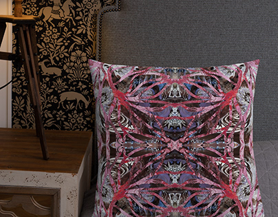 Abstract intarsio, mixed media art on velvet pillows