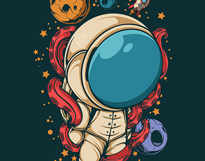 CUTE ASTRONAUT AND OCTOPUS TENTACLE IN SPACE