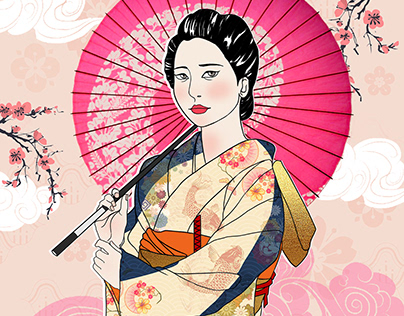 Illustration on Japanese culture and Kimono.