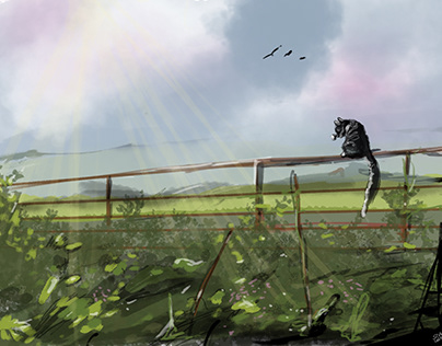 Oscat on the Fence - Digital Painting - Process inside