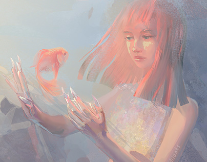 Mermaid, goldfish humanization, digital illustration