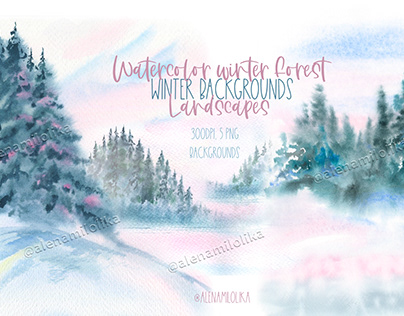 Watercolor Landscape. Winter backgrounds. Winter Forest