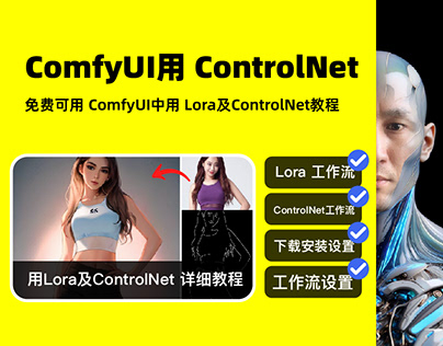 1分鐘 學會 ComfyUI中用 Lora模型及ControlNet控制網 工作流程下載安裝設定教學課程