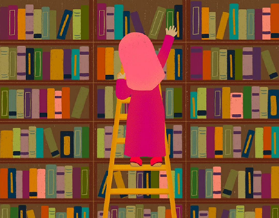 A girl climbing up a ladder in a library