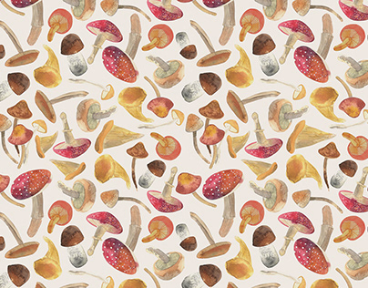Watercolour mushrooms. Illustration and pattern design.