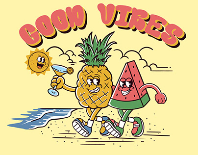 pineapple and watermelon retro character on beach