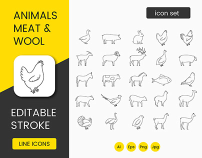 Animals meat and wool, line icons