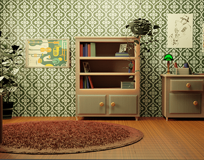 3D modelisation of a room with a vintage and jazzy mood
