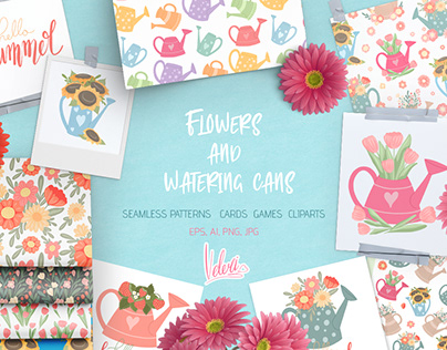 Vector set Flowers and watering cans