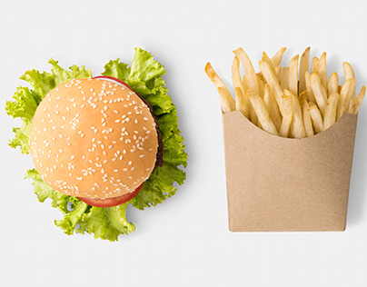 Concept of mock up burger and french fries.