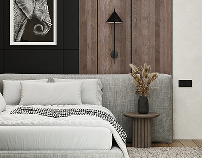 Bedroom, wood and black accents