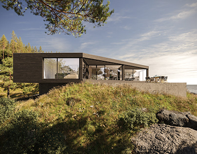 3d visualization modern house at seaside in Norway CGI
