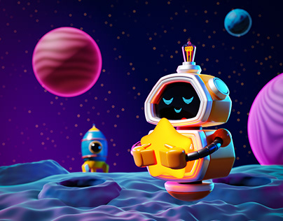 Cute Robot on the Moon 3D Character Illustration