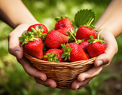 hands holding basket with ripe strawberries in garden