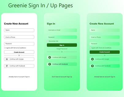 Greenie Sign In / Sign Up Page