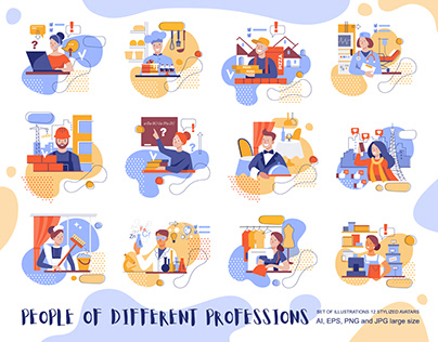 A set of icons of different professions in a flat style