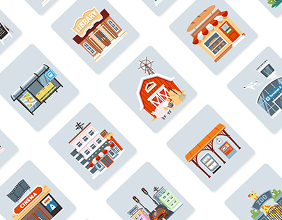 Places and building flat cartoon flashcards