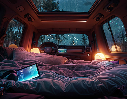 A cozy car in the rain