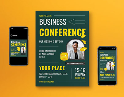 Green Flat Design Business Conference Flyer Set