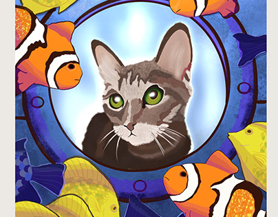 Underwater - Cat in a submarine digital illustration