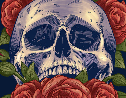 Ilustración de craneo con rosas floreciendo