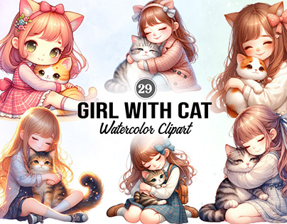 Girl with Cat Watercolor Clipart