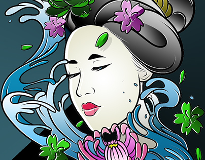 Geisha head tattoo design - Color outlines