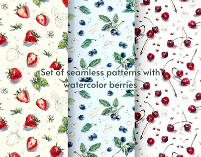 Set of seamless patterns with watercolor berries