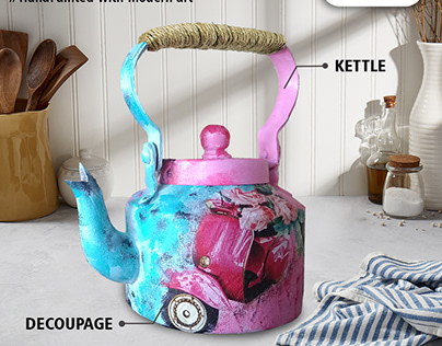 Tea Kettle hand-painted with Decoupage from Penkraft