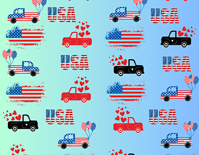 Patriotic 4th of July Pattern with flags, trucks, love