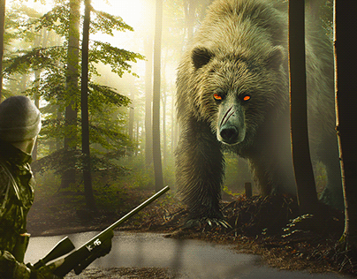 Cinematic scene a hunter is waiting bear