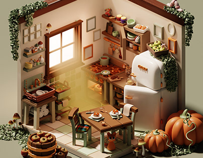 Isometric cozy kitchen 3D illustration