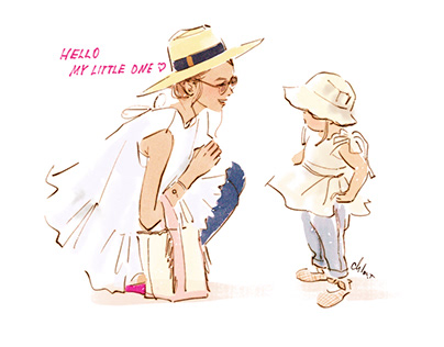 Mom and daughter baby fashion illustration