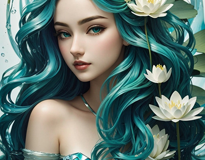 Mermaid with water Lilly blue green white Color