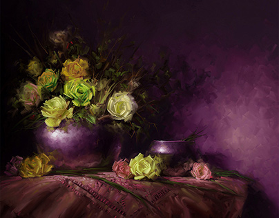 Still Life With Roses And Satin - Waheed Nasir