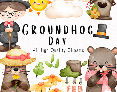 Happy Groundhog Day clipart, Hand draw watercolor