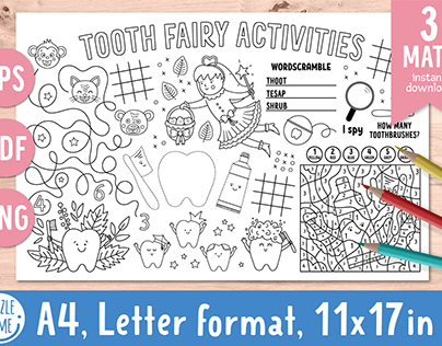 Tooth Fairy Activity mats. Coloring page and games