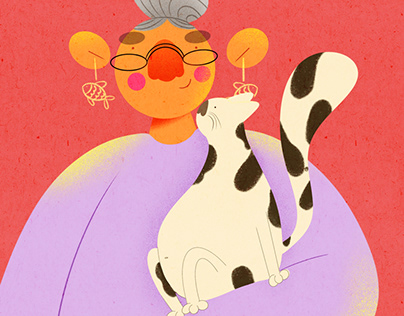 Granny, cat, cute illustration, 2d