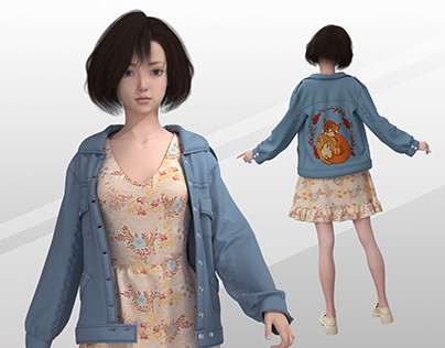 CLO 3D project / female outfit (denim, squirrel print)