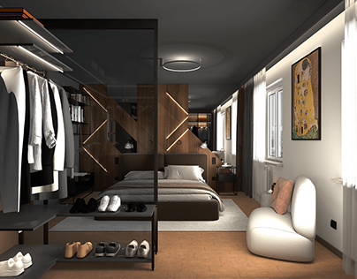 Projekt męskiej sypialni z garderobą, Piaseczno, 2024